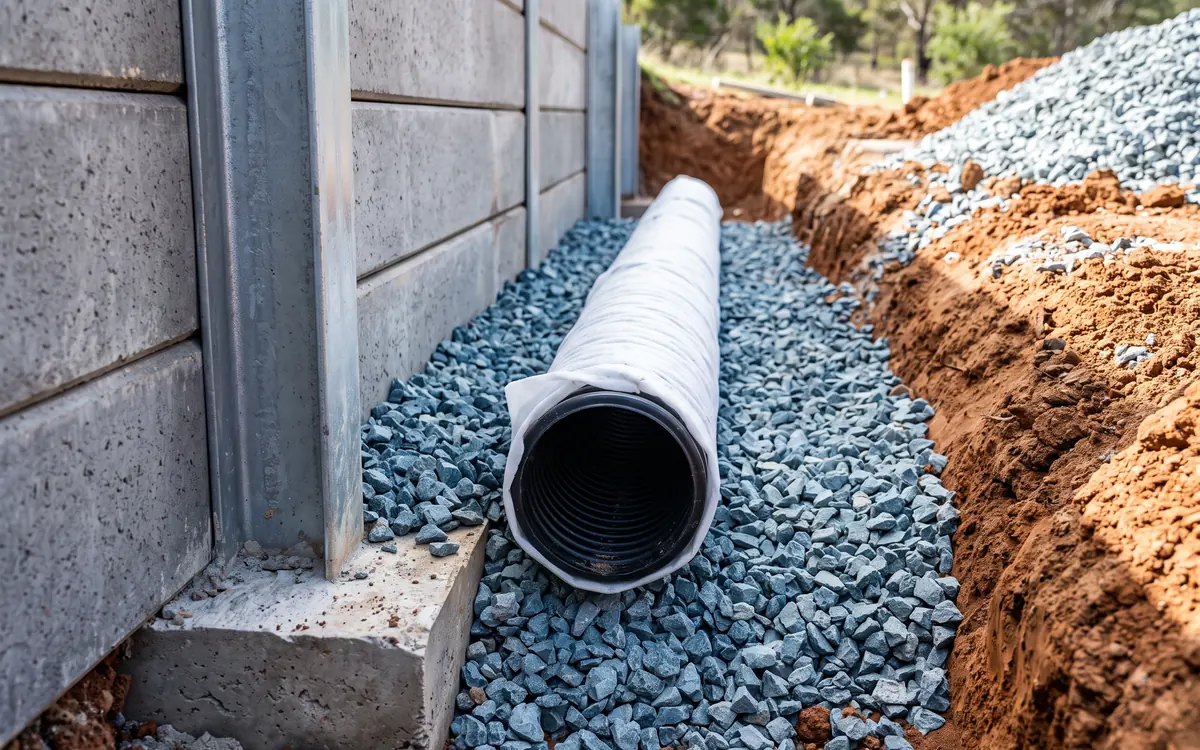 Ag pipe and gravel drainage behind a concrete sleeper retaining wall