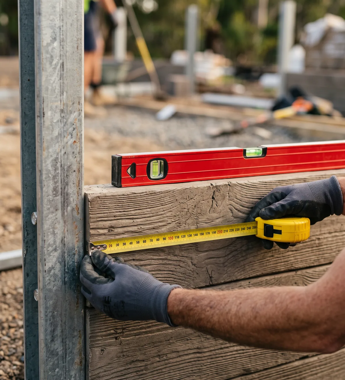 Measuring a timber-look sleeper during concrete sleeper retaining wall installation